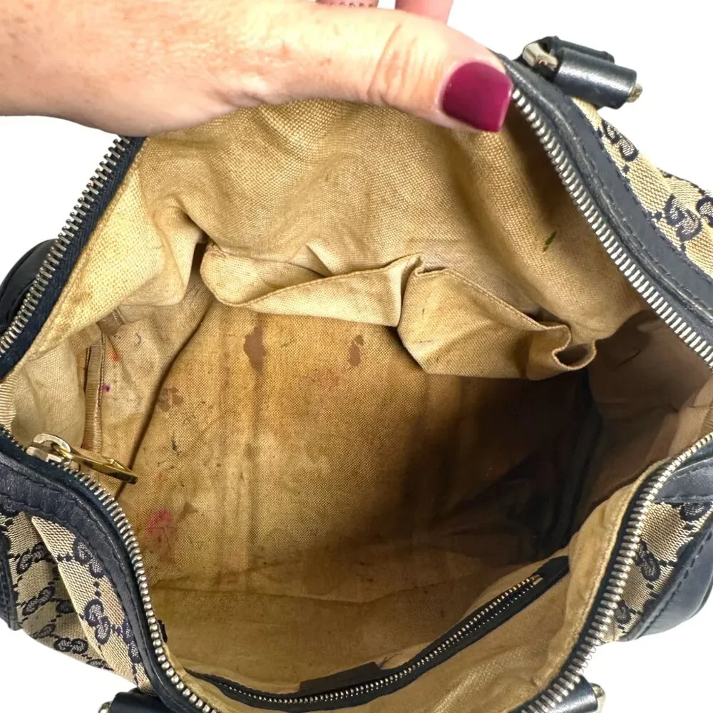 Gucci Vintage Web Boston GG Canvas Navy Red Satchel Medium - FLAWS READ - Picture 12 of 13